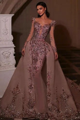 Luxury Pink Glitter Long Sleeves V-Neck Beaded Embroidery Floor-Length Tulle Prom Evening Dresses With Rhinestone